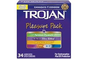 Trojan Pleasure Pack Assorted Lubricated Latex Condoms, 34 Count, Assortment of our Most Stimulating Condoms - Twisted Pleasu