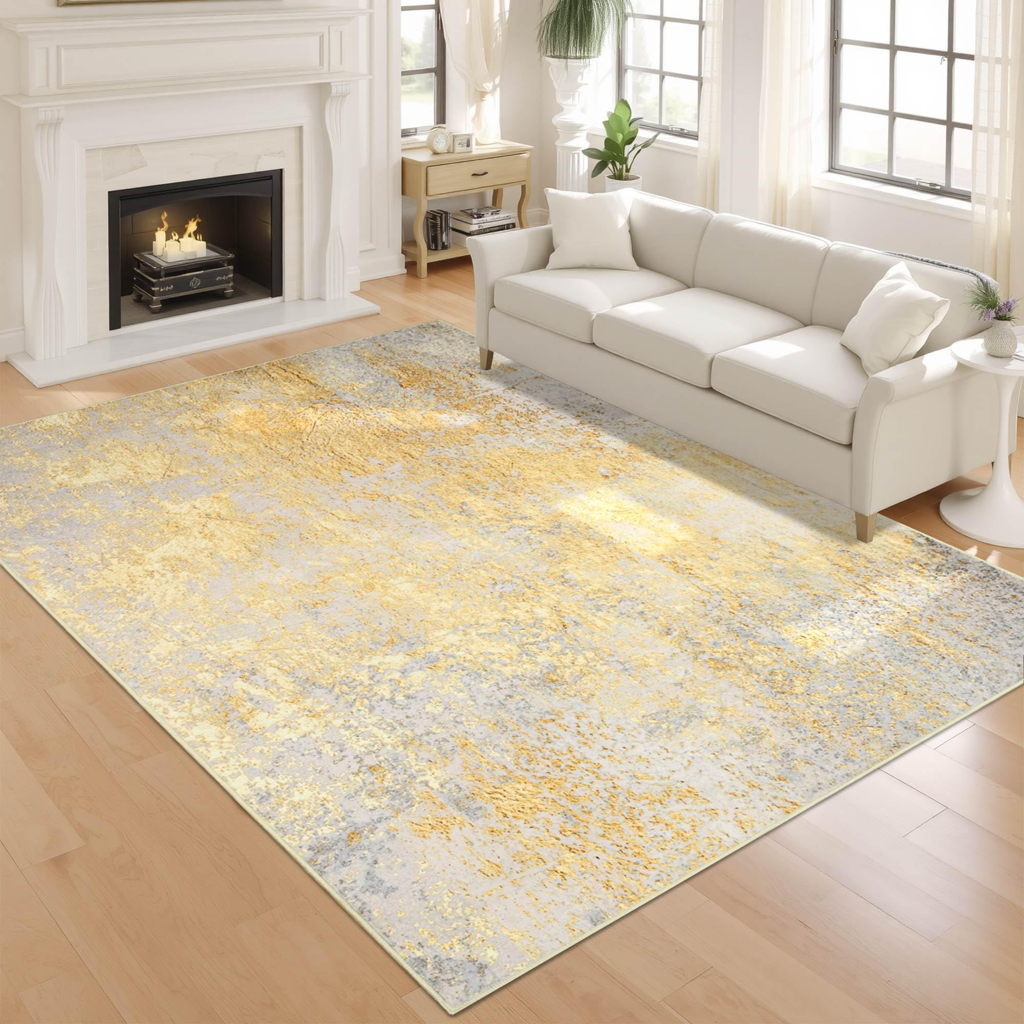 Photo 1 of Living Room Rugs 6x9 Gold Washable Area Rug, Abstract Modern Bedroom Rugs Non Slip Stain Resistant Neutral Large Carpet for Nursery, Dining, Kids Playroom, Dining Room, Office