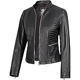 fjackets Leather Jacket Women - Cafe Racer Style Real Lambskin Womens Leather Jackets Stylish Stand Collar Leather Jackets