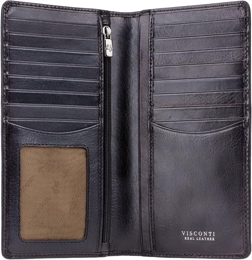 VISCONTI - Men’s Black - Veg Leather Wallet – RFID Protection for Credit Cards, Notes & ID – 16 Card Slots, 4 Note Sections, 2 Zipped Pockets, ID Window – with Signature Logo