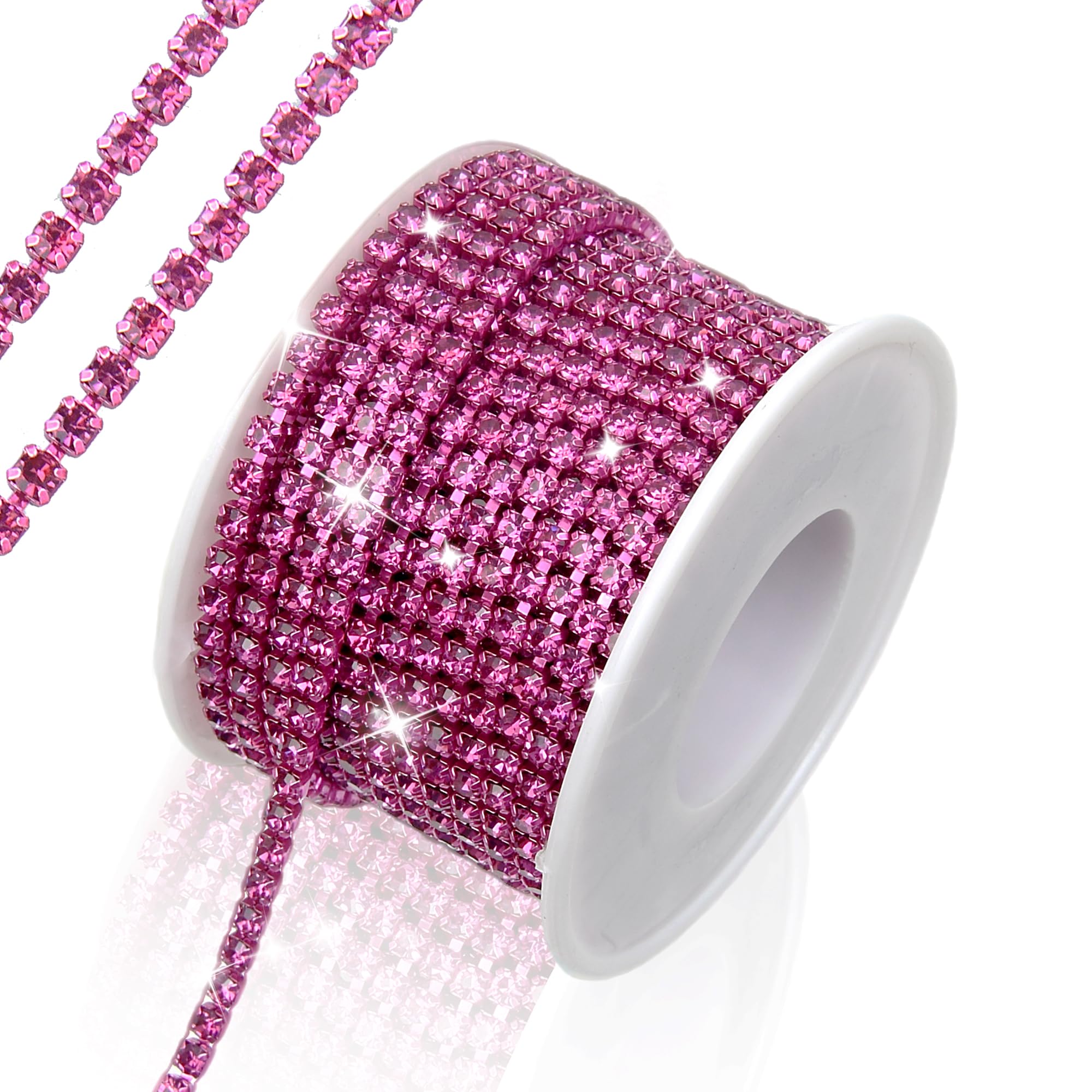 Photo 1 of 10 Yards Rhinestone Chain, SS12/3mm Crystal Rhinestones Close Chain Trim, Bling Diamond Cup Chain for Jewelry Clothing Shoes Wedding Party Decoration(Fuchsia)