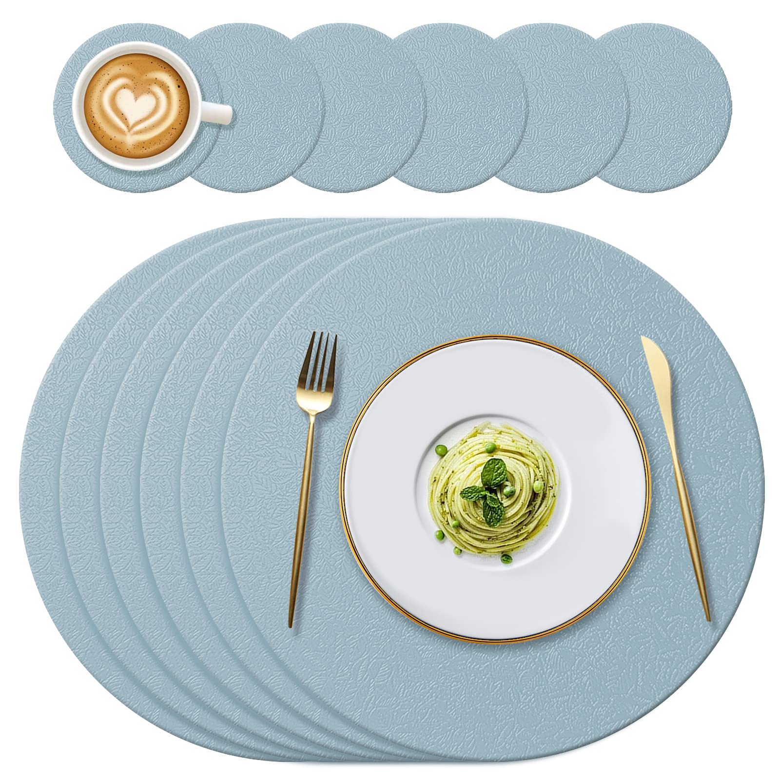 YUNJUER Round Silicone Place Mats(34cm) and Coasters(10cm) Set, Heat-Resistant 450 °F Table mats, Non-Slip Placemats for Hotel, Restaurant, Kitchen Glass Dining Table, 12 Pieces, (Light Blue)