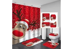 BABOIES Merry Christmas Shower Curtain Sets for Bathroom, 4Pcs Xmas Shower Curtain/Non-Slip Bathroom Rugs/Lid Toilet Cover/Bath Mat, Funny Santa Claus Elk Snowman Bell Car Carpet Decor(Happy Elk)