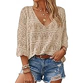 Saodimallsu Womens Crochet Cover Up Tops 3/4 Sleeve V Neck Summer Boho Knit Beach Coverups 2026 Resort Wear