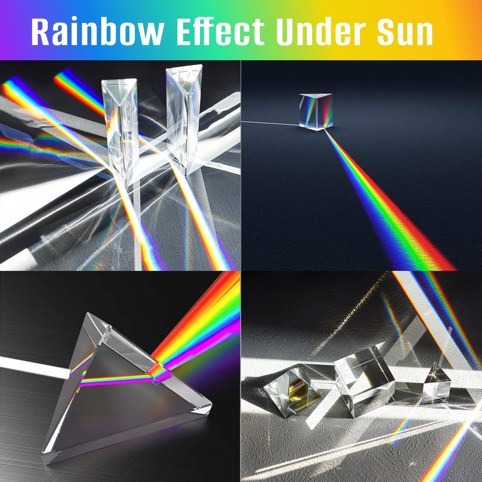 QFkris 6 Pack K9 Optical Crystal Photography Prism Set, Include 50mm Crystal Ball, Cube,Optical Pyramid, 50mm & 150mm Triangular Prism,60mm Dome Magnifying with Cloth for Teaching, Playing