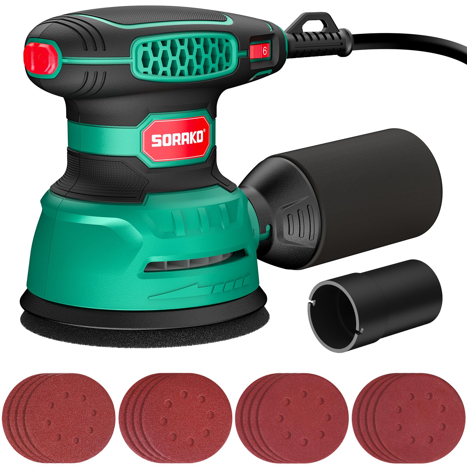 SORAKO Orbital Sander 350W, 125MM Random Orbital Sander, 6 Adjustable Speeds, 16pcs Sandpaper, with Dust Collection and Quick Brake Function, for Sanding, Polishing Wood, DIY, Home Improvement