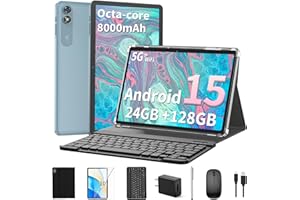 RELNDOO 2025 Android 15 Tablet with Keyboard, 24GB+128GB+2TB Expand, 10.1 Inch Octa-Core 2-in-1 Tablets with 5G/2.4G WiFi, 8000mAh, BT5.0, GMS Certified, with Mouse, Case, Stylus, Split Screen(Black case)