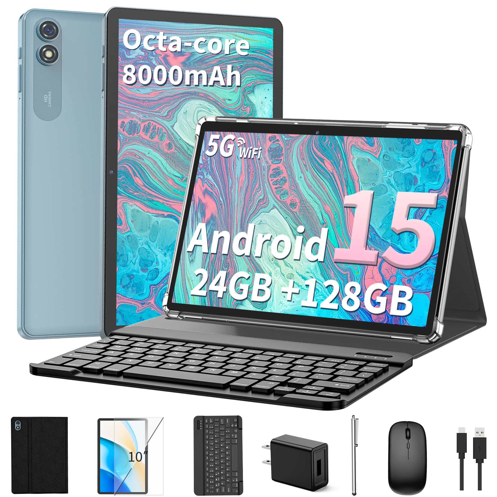 Relndoo 2025 Android 15 Tablet with Keyboard, 24GB+128GB+2TB Expand, 10.1 Inch Octa-Core 2-in-1 Tablets with 5G/2.4G WiFi, 8000mAh, BT5.0, GMS Certified, with Mouse, Case, Stylus, Split Screen(Black)