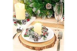 BLUE GARLIC Christmas Candle Ring 2pcs Small Artificial Red Berry Pinecones Wreath Candle Holder Rings Centerpiece Christmas Table Decoration (Red)