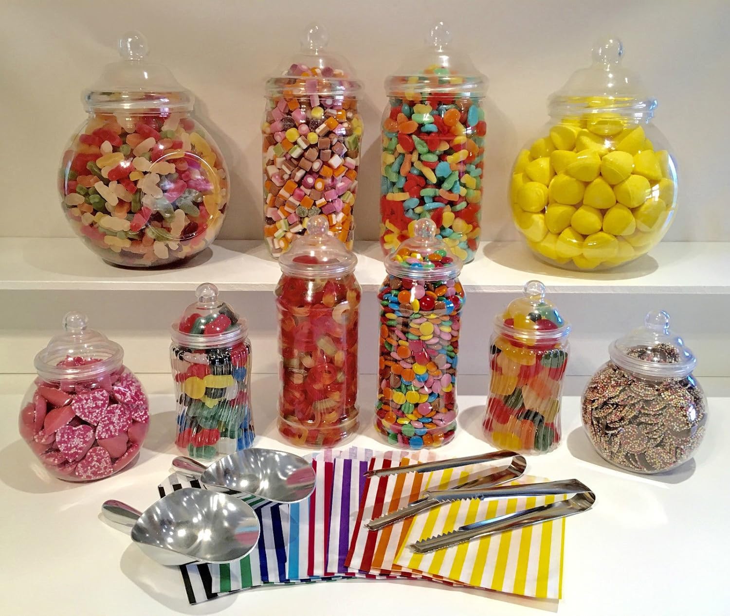 Large 10 Mixed Plastic Sweet Jars, 2 Tongs, 2 Scoops, 100 Bags Vintage Victorian Pick & Mix