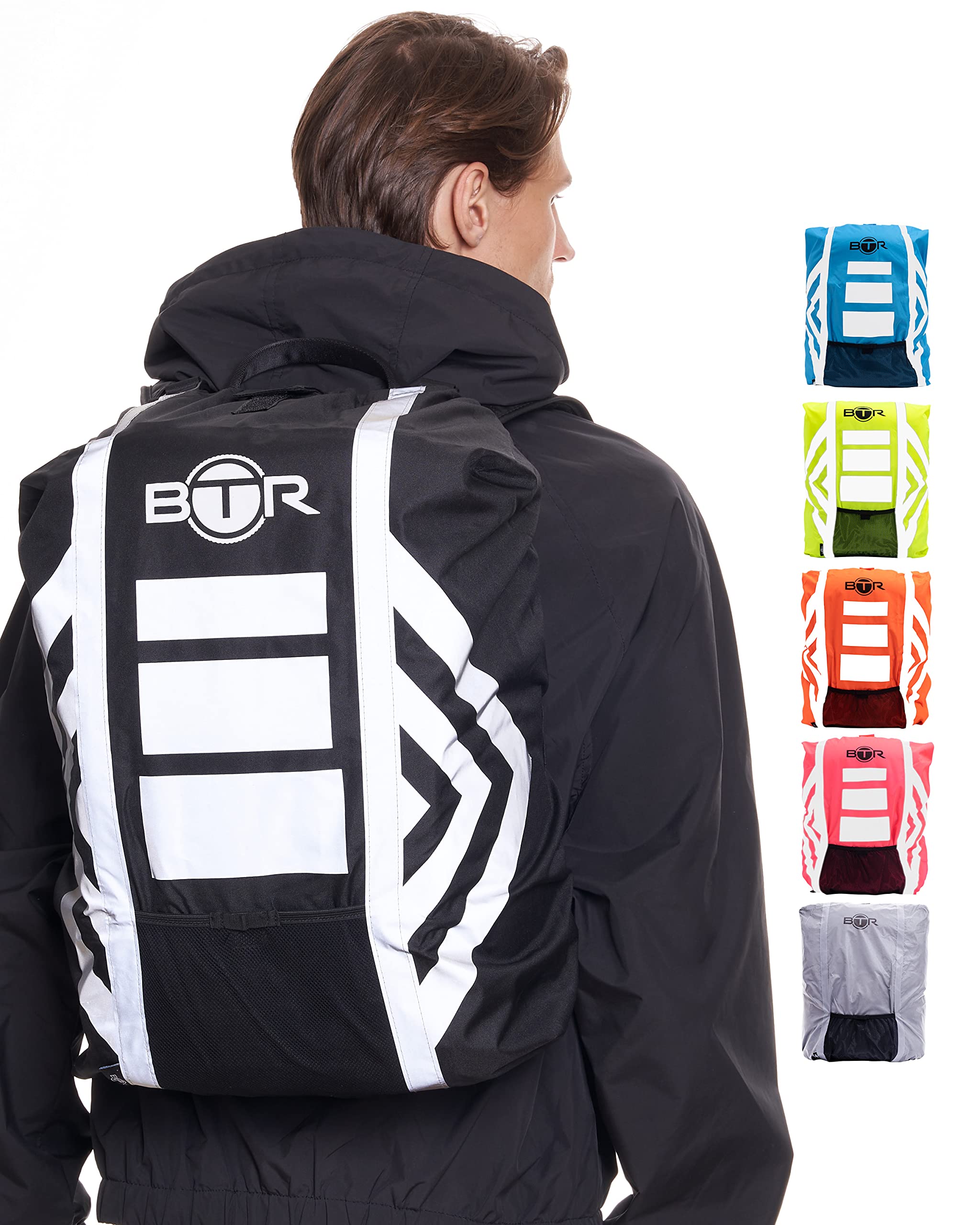 BTR Waterproof High Visibility Backpack Cover. High Viz Rucksack Cover With Reflective 3M Tape. Black Large