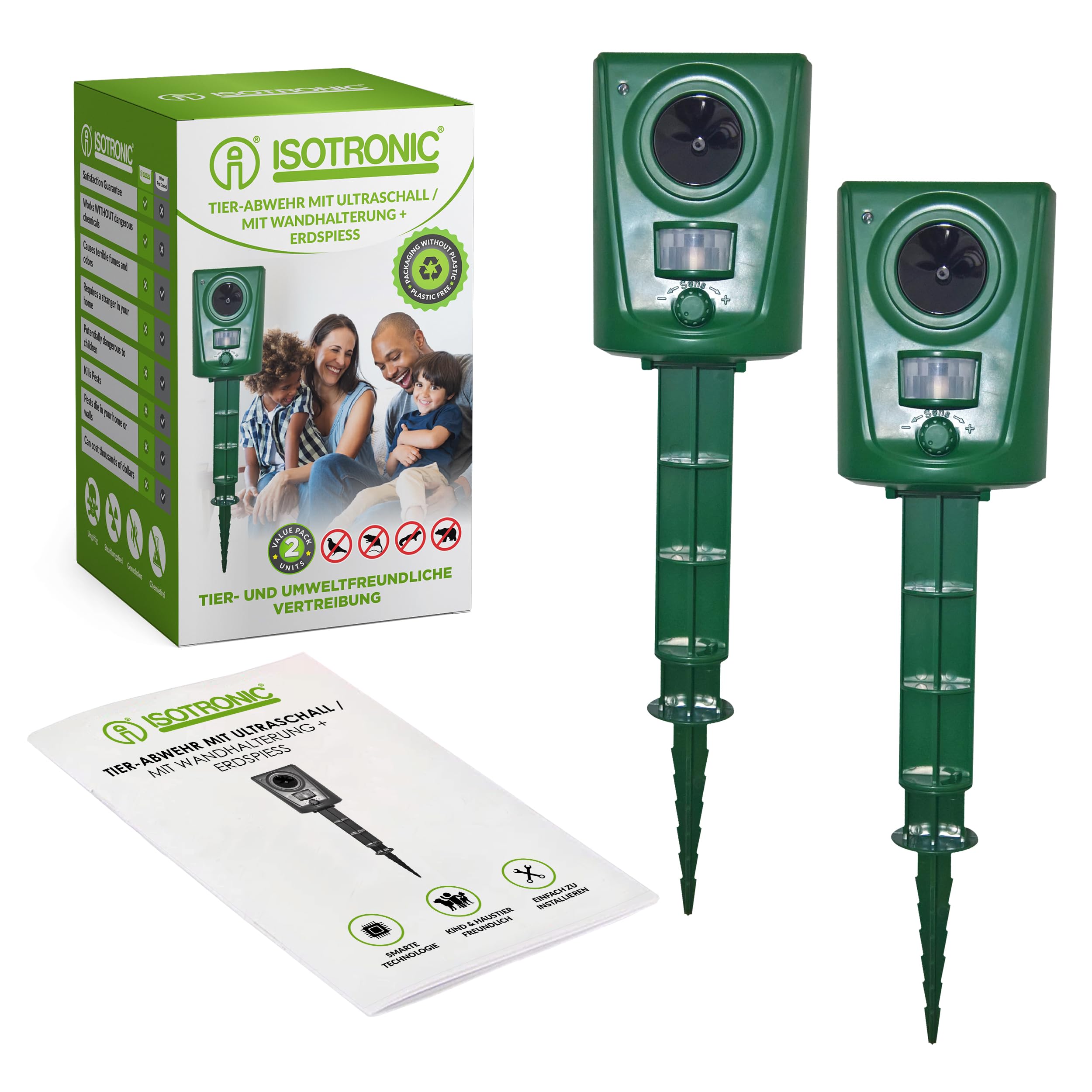 ISOTRONIC Animal Repellent Ultrasonic, 2pieces deterrent with ultrasonic to protect your garden from birds, dogs and wild animals, with PIR dedection for safety