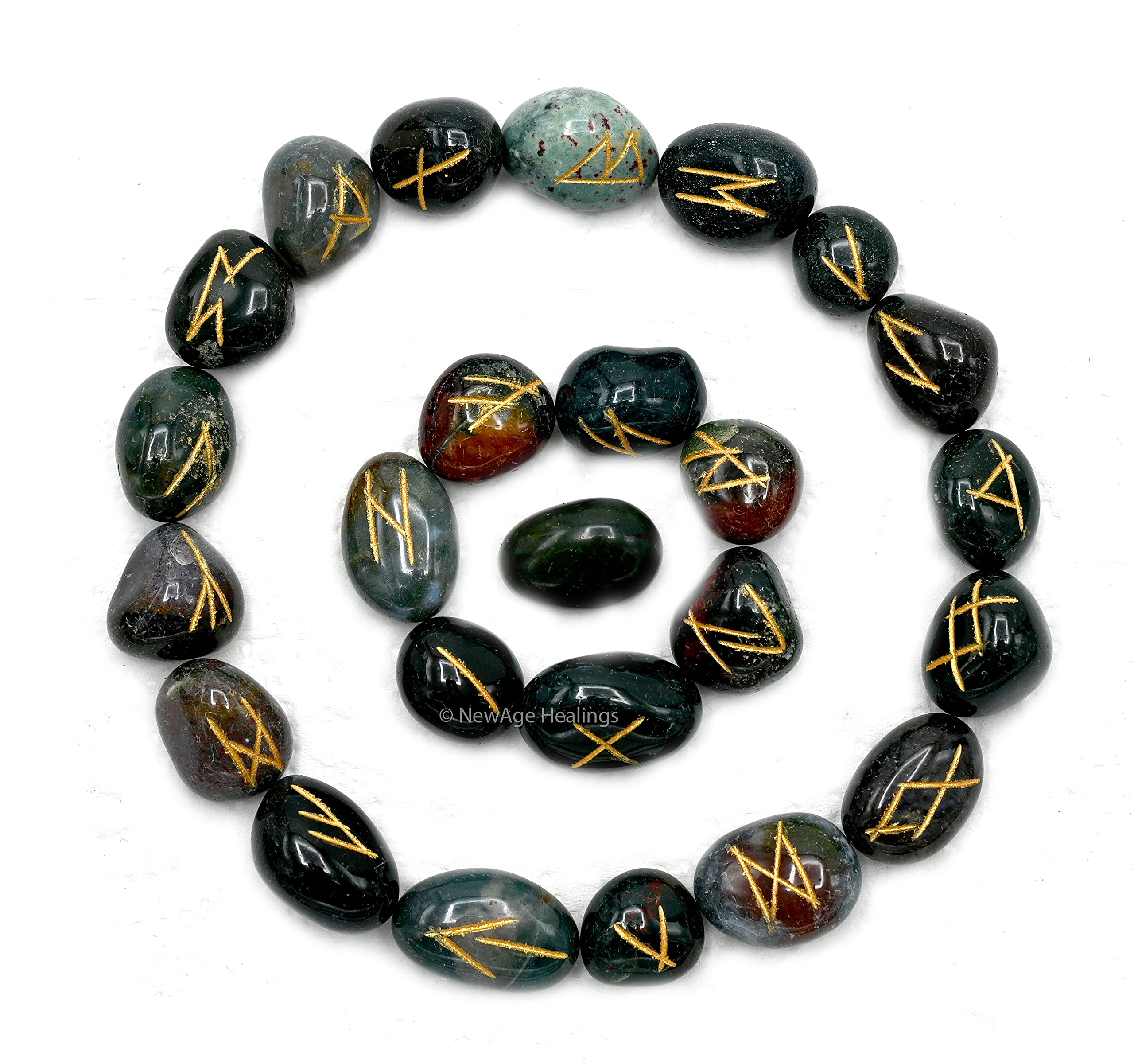 Bloodstone Runes Stone Set with Velvet Pouch and Instruction EBook ~ Elder Futhark Runes Engraved Pagan Viking Symbols for Reiki Healing, Crystal Grid & Energy Balancing