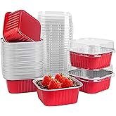 50 Pcs Mini Square Baking Cups with Lids,5oz Aluminum Foil Mini Cake Pans with Lids,Disposable Ramekins Cake Pans,150ml Dessert Cups Cupcake Pans for Wedding Birthday Party,Red