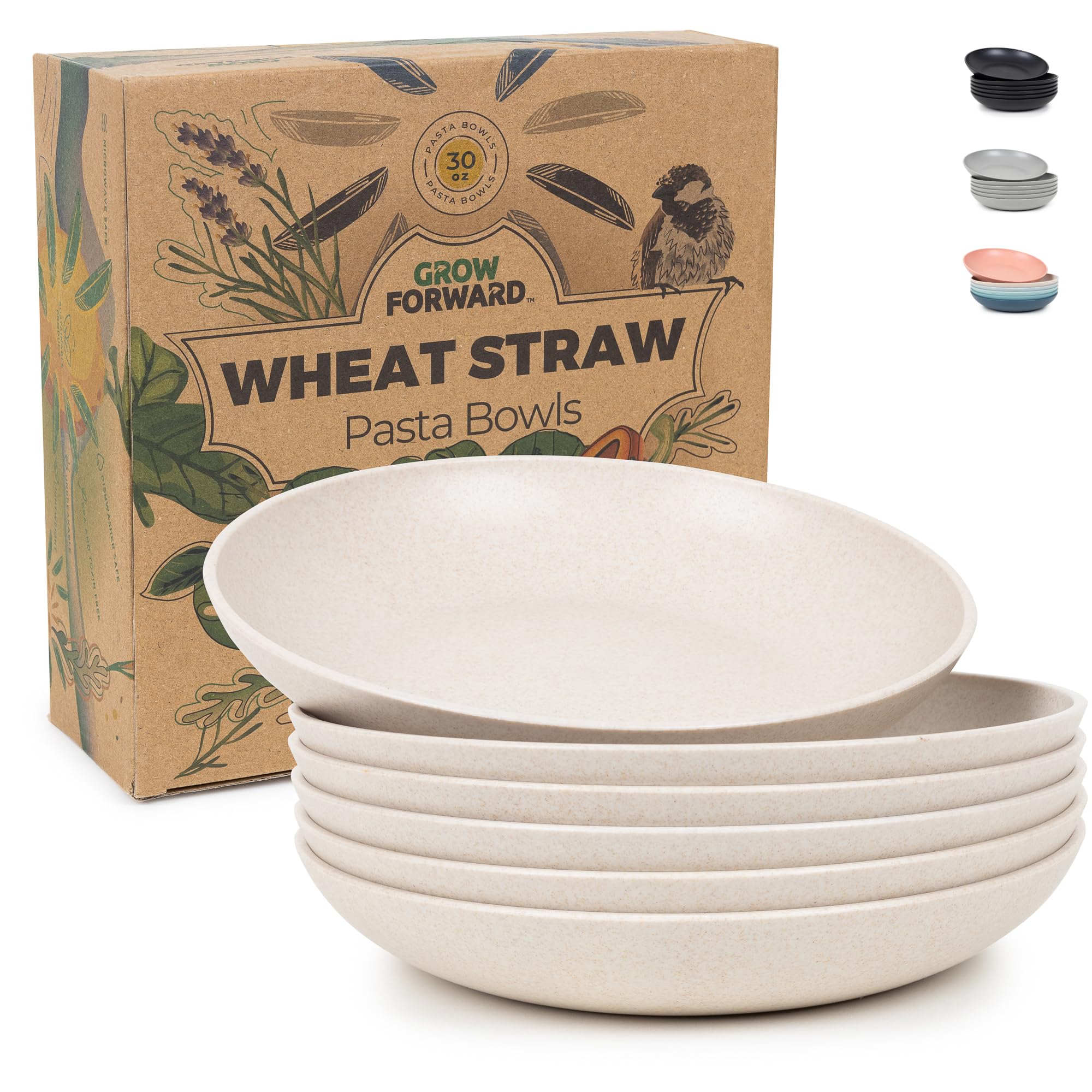 Photo 1 of Grow Forward Premium Wheat Straw Pasta Bowls - 30oz Unbreakable Wide & Shallow Dinner Plate Bowls Set of 6 - Microwave Safe Reusable Plastic Pasta Bowls for Kids, Adults, Salad, Camping, RV - Sahara