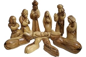 BETHLEHEM GIFTS TM Handcarved Bethlehem Olive Wood Miniature Nativity Scene Set with Stable 12 Pieces (5" Faceless Figurines NO Stable)