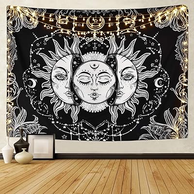 Sevenstars Sun and Moon Tapestry Burning Sun with Star Tapestry Psychedelic Tapestry Black and White Mystic Tapestry Wall Hanging
