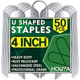 HOUYA 50 Pack Garden Stakes 4 Inch U-Shaped Drip Irrigation Stakes Galvanized Landscape Staples Garden Pins Yard Lawn Ground Stakes for Soaker Hose Drip Line Tubing Landscape Fabric Weed Barrier