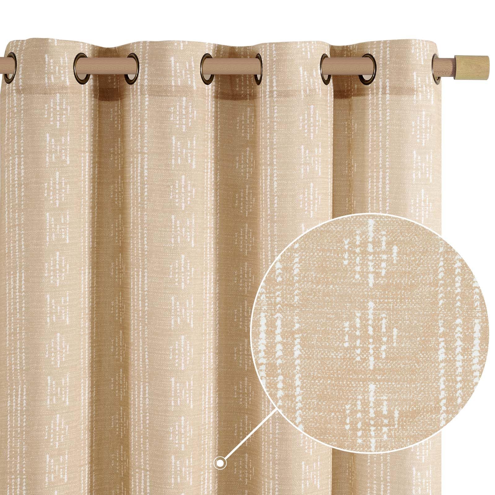 Jinchan Boho Linen Blend Curtains for Living Room & Bedroom - Farmhouse Beige, 63 Inch Length, Semi Geometric Striped Mudcloth Print, Light Filtering Grommet Curtains (2 Panels) Image