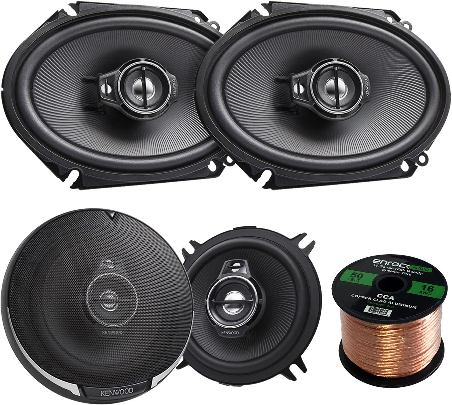 2 Pair Car Speaker Package of 2X Kenwood KFC-C6895PS 720-Watt 6x8 Inch 3-Way Black Custom Fit Black Car Coaxial Speakers + 2X KFC-1395PS 5 1/4 320-Watt Audio Speaker + Enrock 16g 50 Foot Speaker Wire