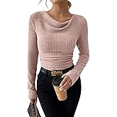 ZAFUL Women's Cowl Neck Long Sleeve Tunic Tops Ribbed Knit Ruched T Shirts Slim Fit Draped Basic Tops