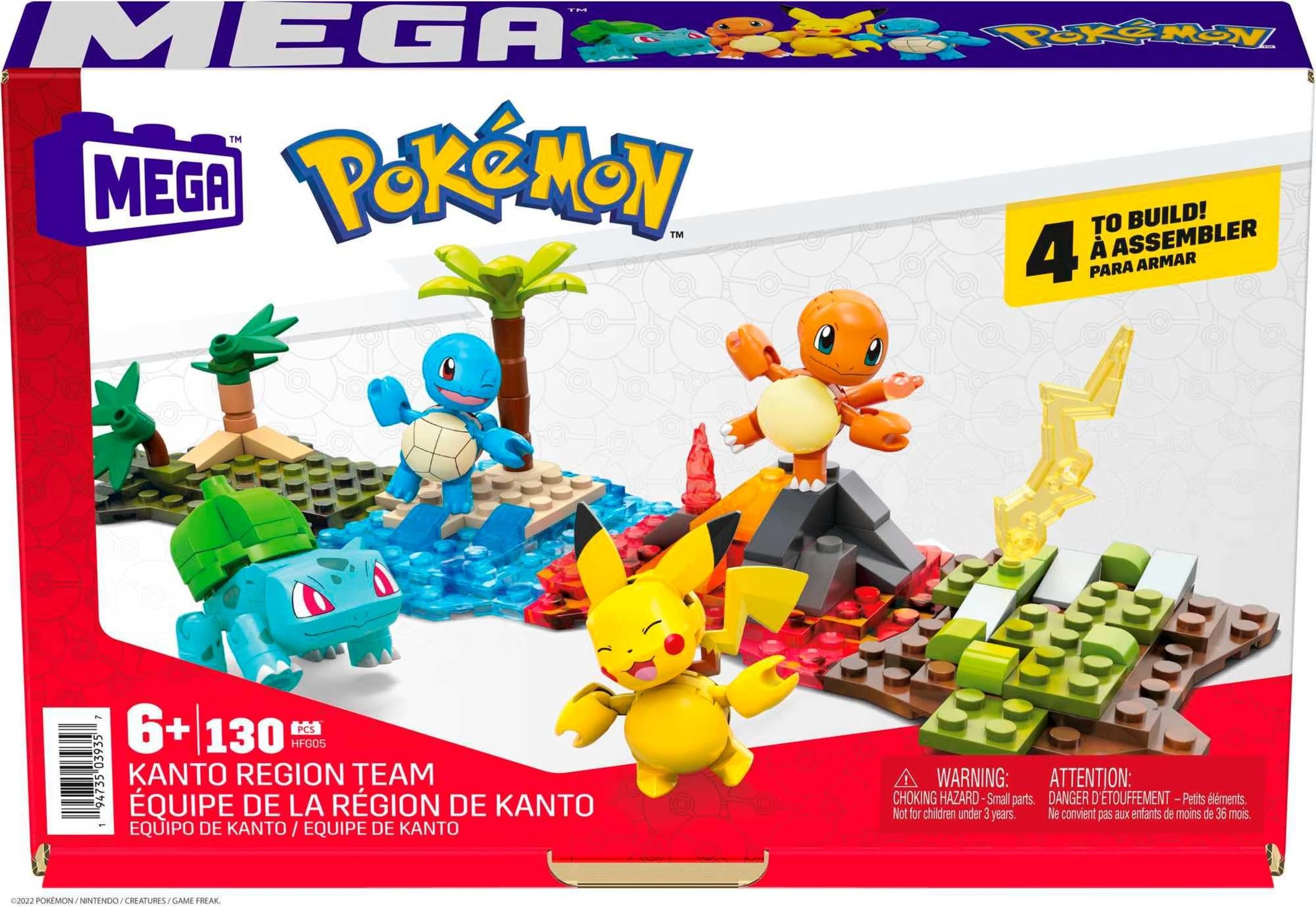 MEGA Pokémon Building Toys Set Kanto Region Team with 130 Pieces, 4 Poseable and Articulated Characters, 2 Inches Tall, for Kids
