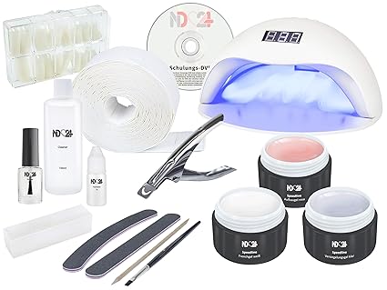 Nagelstudio LED STARTERSET STUDIO für Gelnägel - LED-Lichtgerät weiß + LED-Gel + Tips + Feilen + Pinsel + Schulungs-DVD + Zub
