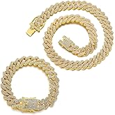 JUNVirtuous 2 Pieces Cuban Link Chain Mens Iced Out Miami Cuban Necklace and Bracelet Silver Bling Diamond Hip Hop Jewelry for Men and Women…