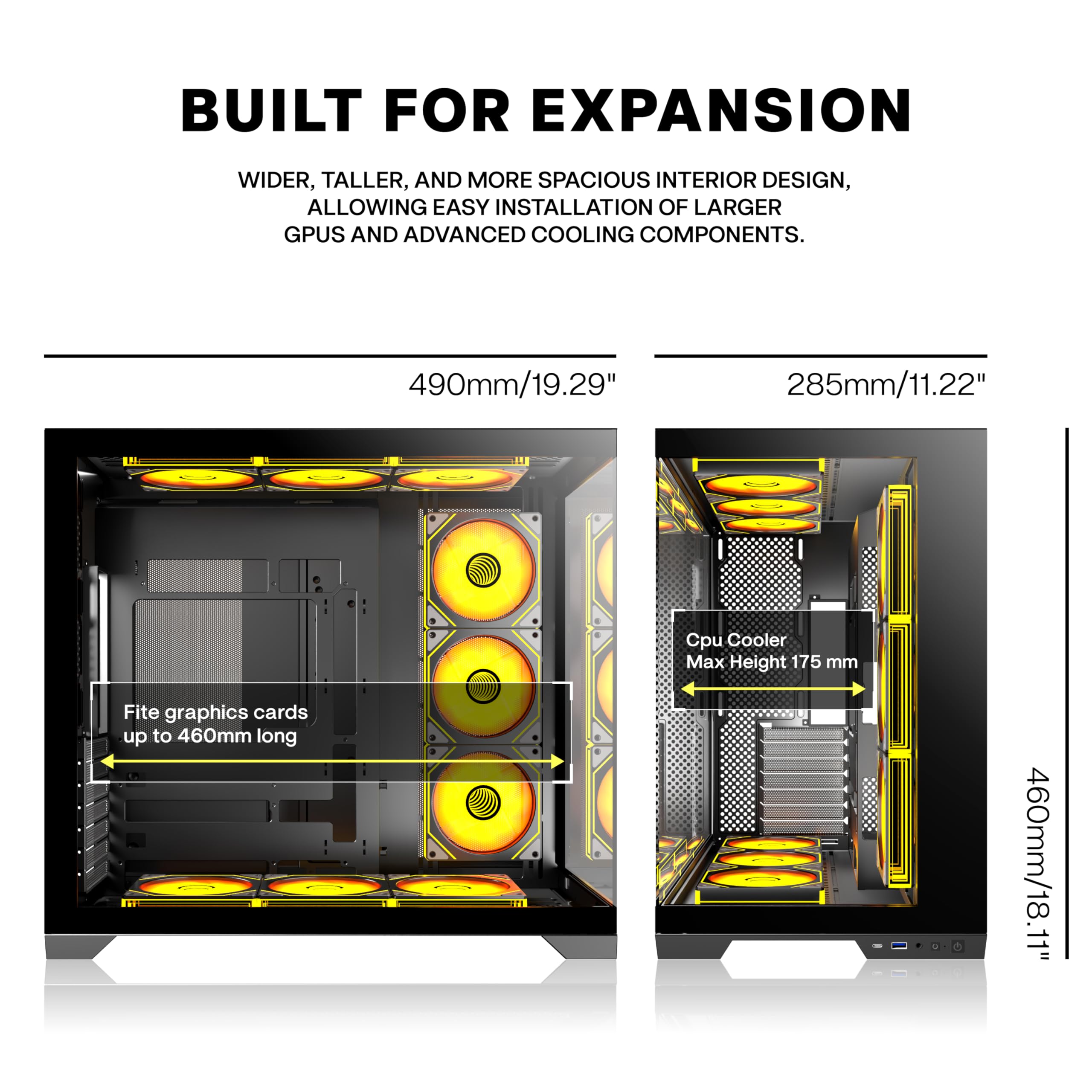 ANSAITE ATX PC-Gehäuse 9×120 mm ARGB PWM-Lüfter vorinstalliert ，Mid-Tower Gaming PC-Gehäuse, Panorama-Gehärtetes Glas Schwarz Computer-Gehäuse mit Typ-C, 360mm Radiator Unterstützung，H-D9 (Schwarz) 6