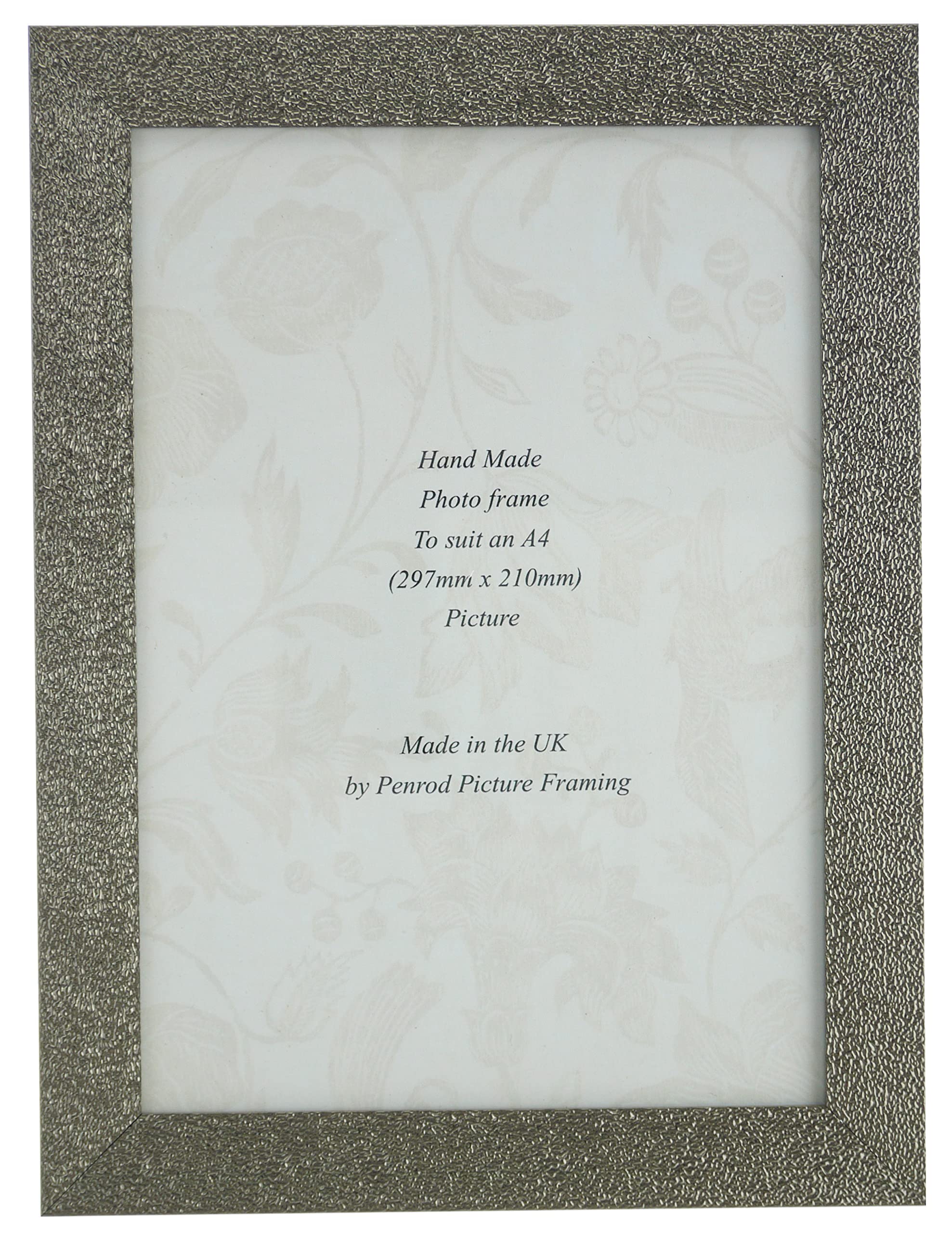 Penrod Picture Framing Charleston Shiny Sparkly Embossed Pewter A4 Certificate photo frame (297x210mm) with mirror effect edge.