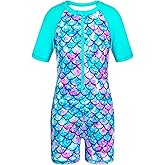 HOZIY Girls Rash Guard Swimsuit One Piece Short Sleeve Front Zipper Swimwear UPF 50+ Bathing Suits 4-14Y