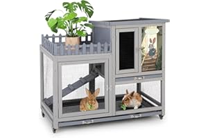 COZIVVOVV Wood Rabbit Hutch with Balcony - Small Animal House Bunny Cage on Wheels for Indoor Outdoor, Rabbit Cage Included Ramp, Pull Out Tray, (Grey with Pattern)