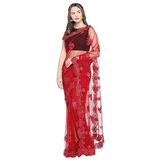 Womanista net with blouse piece Saree (TKIM9744_ Red_ Free Size)