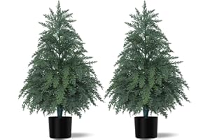 YANGRASS 2Pack Artificial Topiary Trees, 2FT Faux Cypress, Faux Evergreen Pine Shrubs Plants with Pot, Potted Plants for Front Porch Indoor Outdoor Garden Christmas Decor