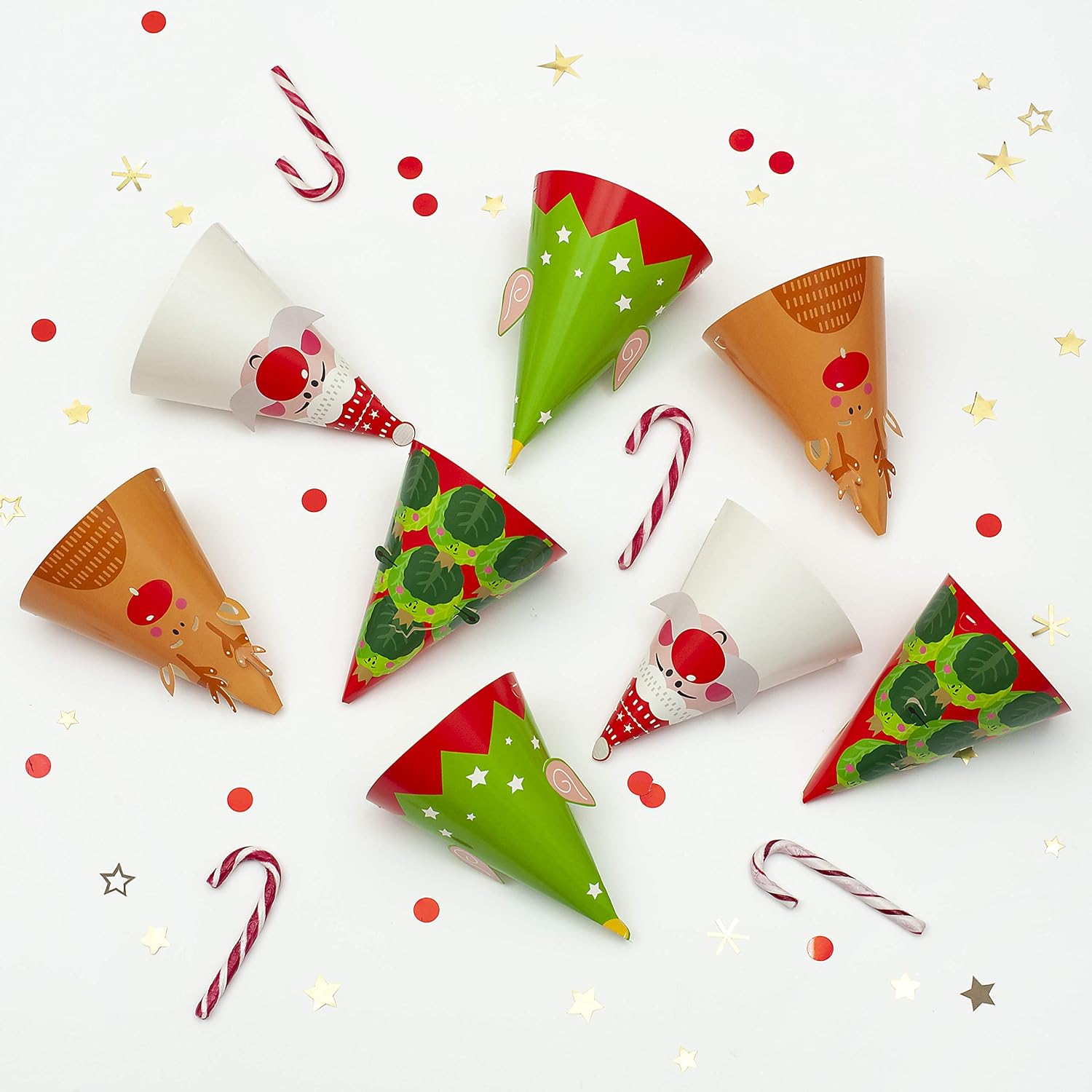 On The Wall Christmas Party Hats – Santa, Rudolph, Elf with Ears and Brussel Sprout (8 Pack) - Image 3