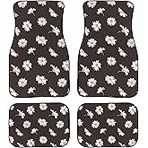 TVMDIZEE Daisy Car Floor Mats 4Pcs White Daisies Flowers on Black Background Cute Floral Pattern Floor Mats for Cars Custom Front Rear Vehicle Rugs Universal Auto Accessories for Trucks Sedans