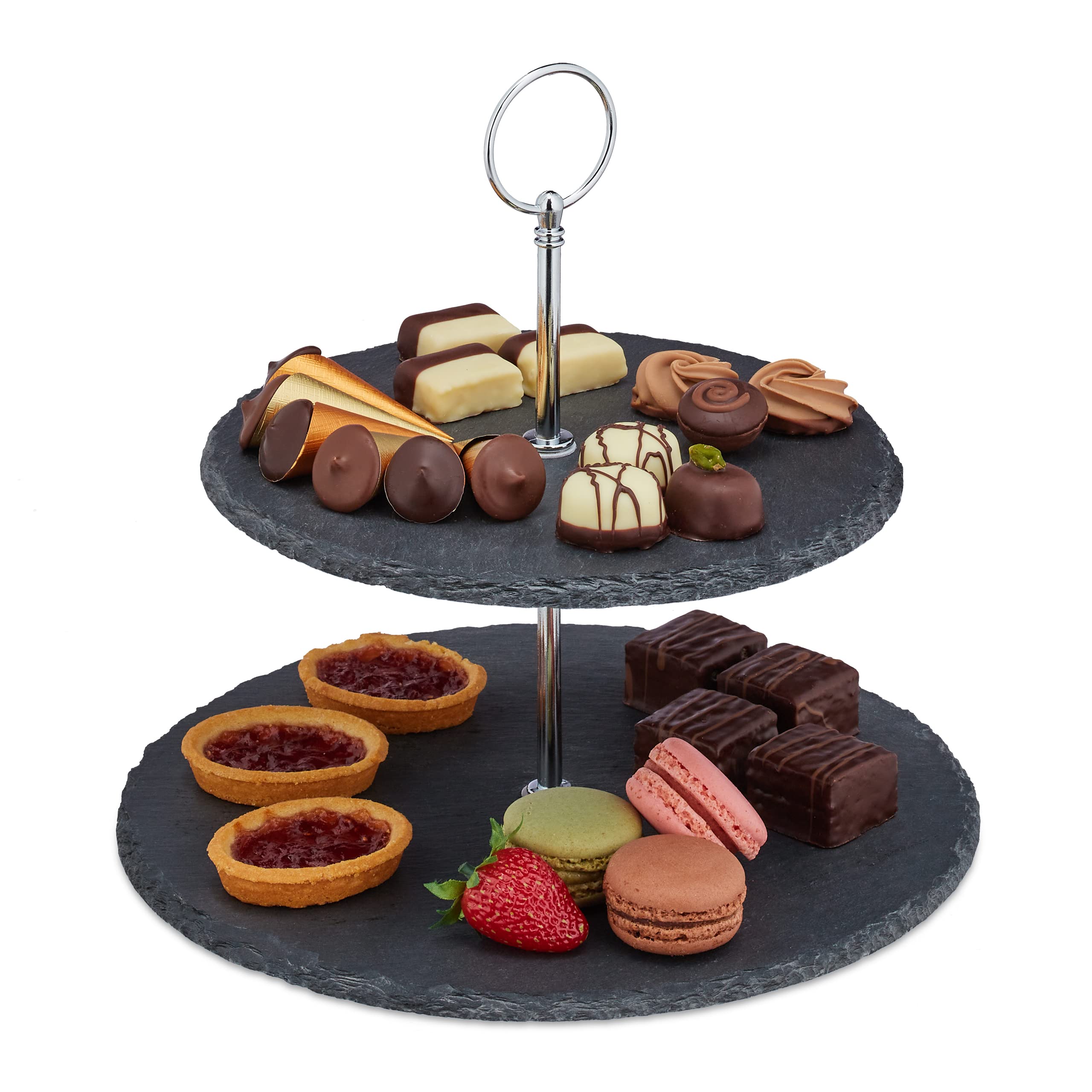Relaxdays Serving Stand, 2-Tiers, Slate, Afternoon Tea, Cakes & Snacks, Fruit, Étagère, HxØ 23 x 25 cm, Grey/Silver