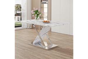 63 Inch Rectangular Glass Dining Table for 4–6, White Marble Pattern Tempered Glass Top, X-Shaped MDF and Stainless Steel Leg