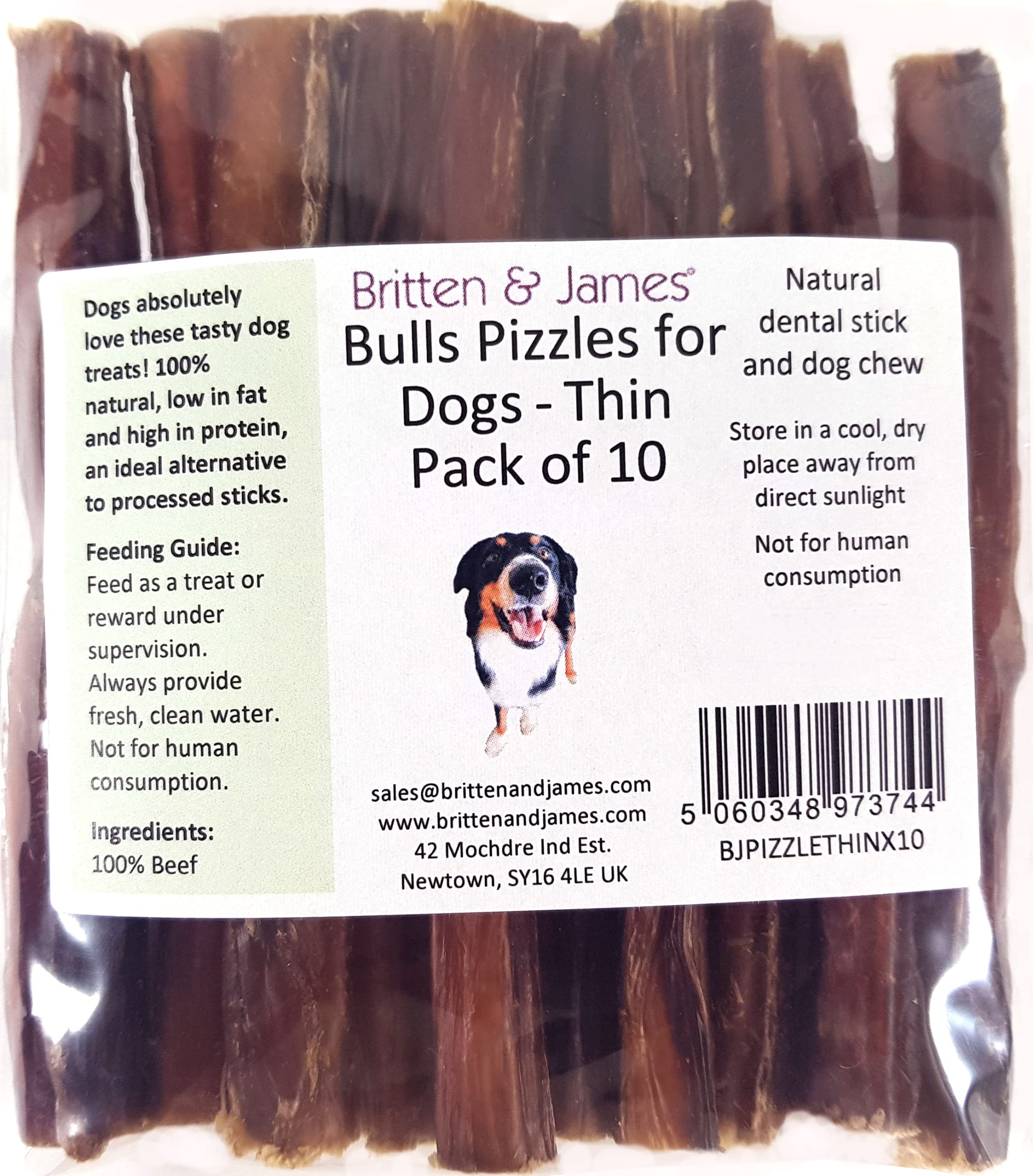 Britten & James 10 Thin Bulls Pizzles for Dogs (12cm length) - Bully Stick, Natural Dental Stick and Dog Chew. Hypoallergenic, Grain Free and Long Lasting Dog Treat