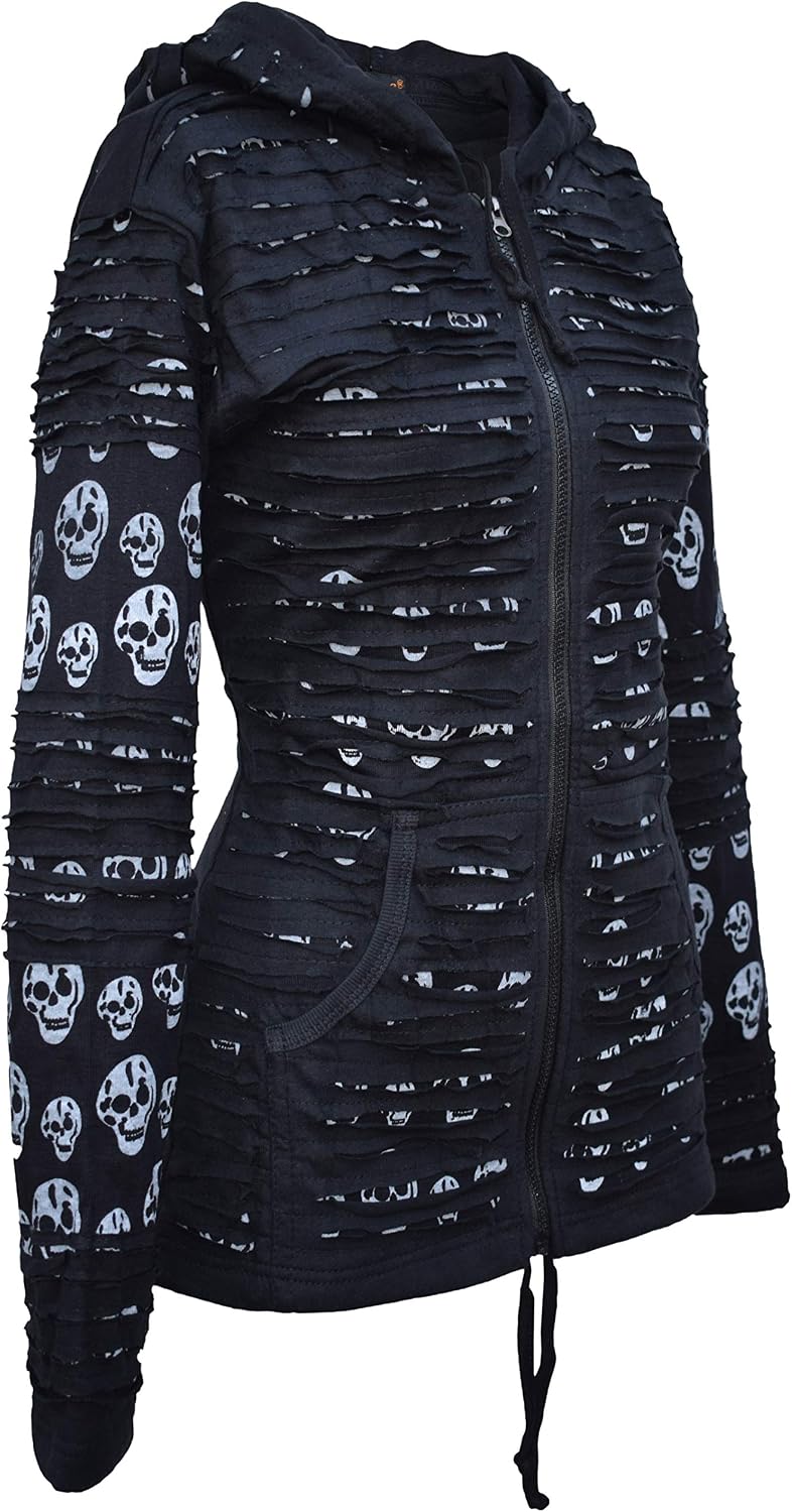 Gheri Women's Skull Printed Slashed Razor Cut Emo Gothic Ribs Hoodie Jacket Black UK 8 - Image 3