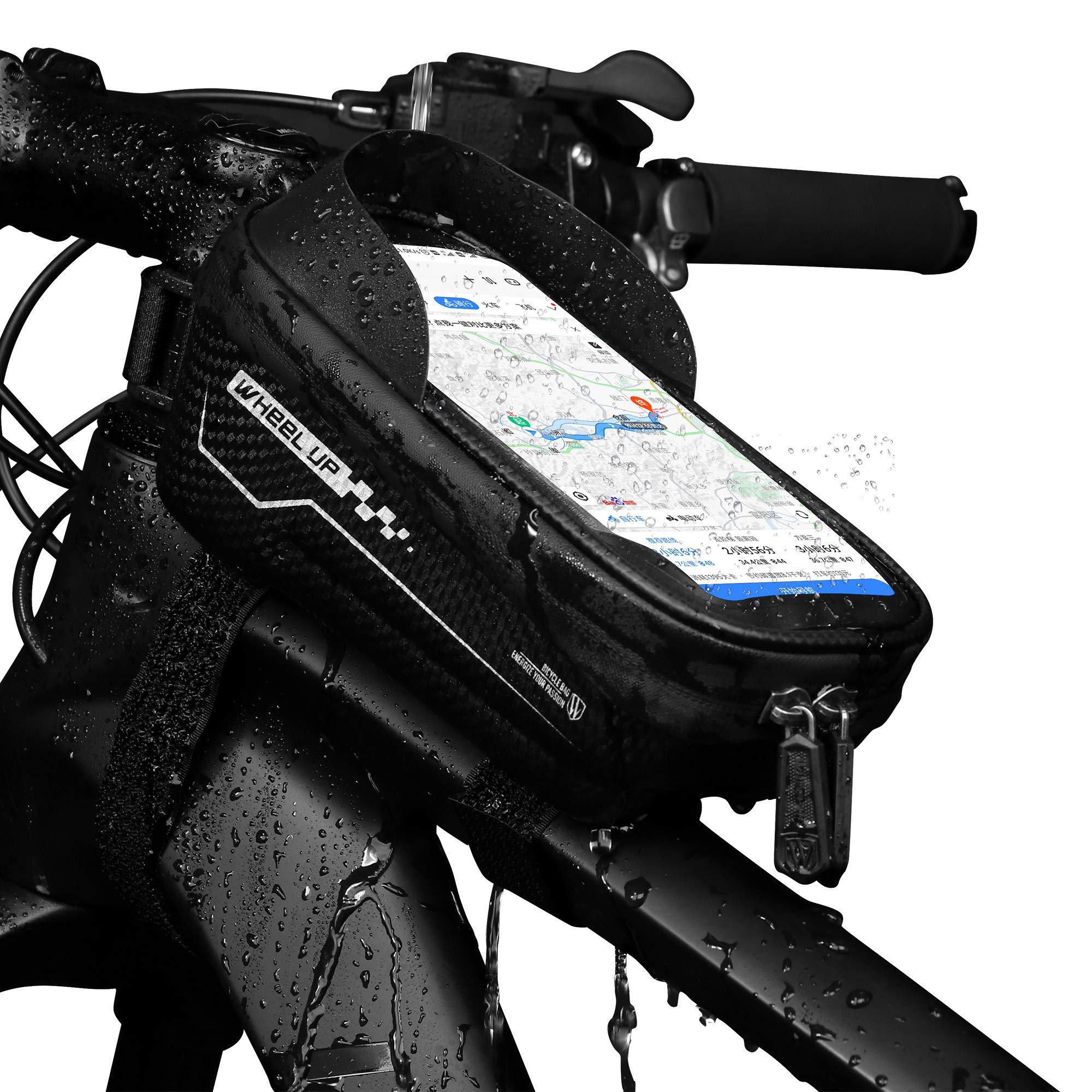 Bike Frame Bag, Waterproof Bicycle Frame Bag Cycling Front Top Tube Pouch Pannier Storage Bag Bike Phone Mount Holder compatible with iPhone 15 14 13 12 11 Pro MAX XS XR 8 Plus Smartphones up to 6.7''