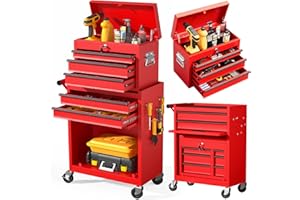 LegacyAmerhome 5-Drawer Rolling Tool Chest with Wheels, 2 in 1 Lockable Tool Box with Drawers, Detachable Top Cabinet & Storage Cart, Steel Tool Cart with Liner & Hooks for Workshop, Warehouse