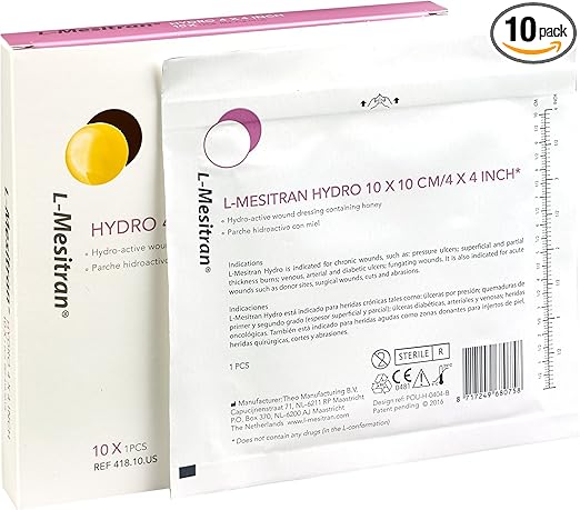 Amazon Com L Mesitran Hydrogel Wound Dressing With 30 Medical Grade Honey Healing Soothing Anti Inflammatory Properties For Chronic Acute Deep Superficial Post Operative Wounds Burns 4 X 4 Box Of 10 Health