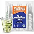 12 oz Clear Plastic Cups with Straw-Slot Lids [100 Sets] PET Crystal Clear Disposable 12oz Plastic Cups with Lids - Crystal Clear, Durable Cup. BPA Free + Crack Resistant, for Coffee, Juice, Shakes