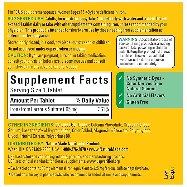 NATURE MADE IRON 65 MG (325 MG FERROUS SULFATE) TABLETS, IRON SUPPLEMENTS, DIETARY SUPPLEMENT FOR RED BLOOD CELL SUPPORT, 180 TABLETS, 180 DAY SUPPLY