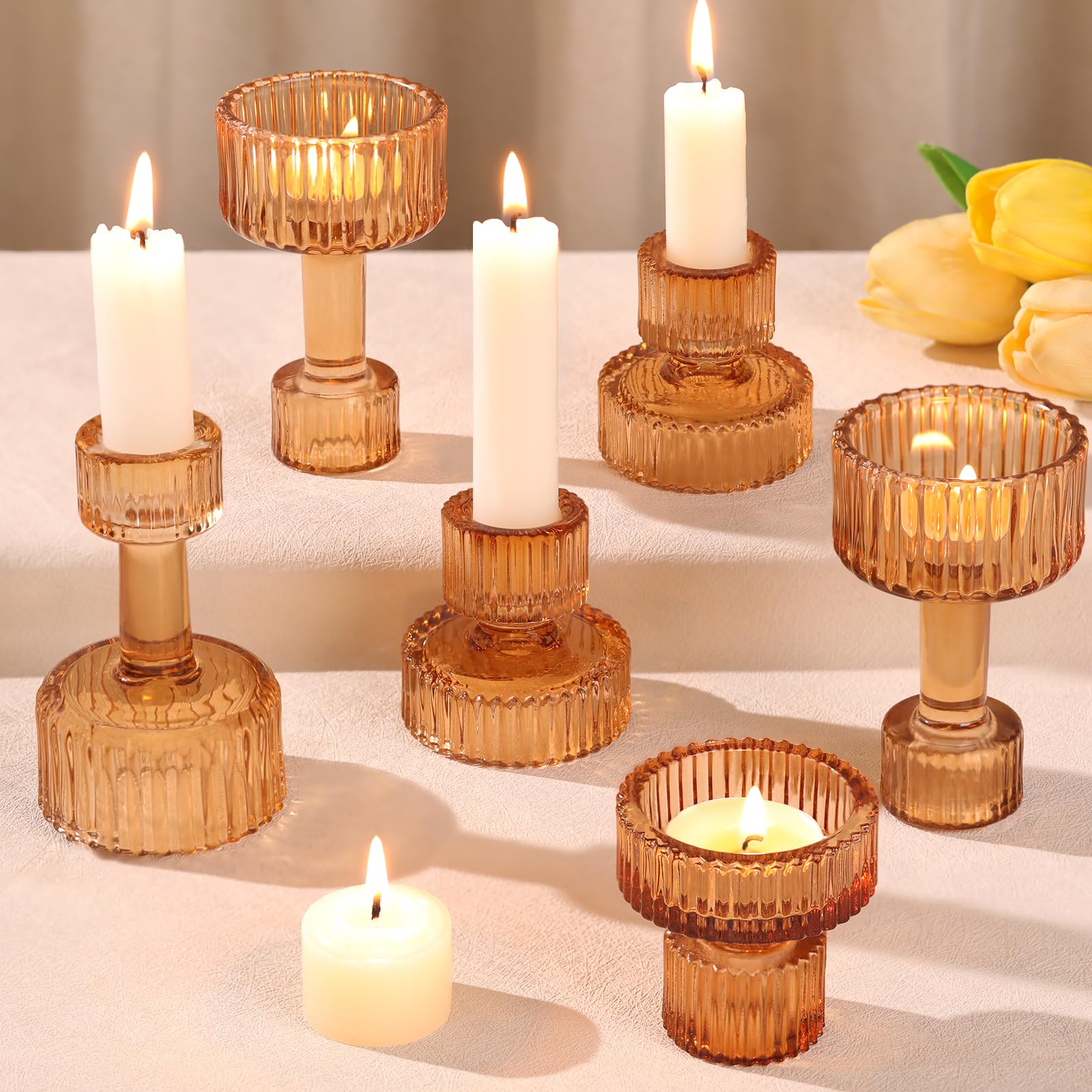 Photo 1 of Candlestick Holders Bulk, 6 Pcs Amber Combination Candle Holders Set, Crystal Candle Holders for Wedding, Table Centerpiece, Home Decoration