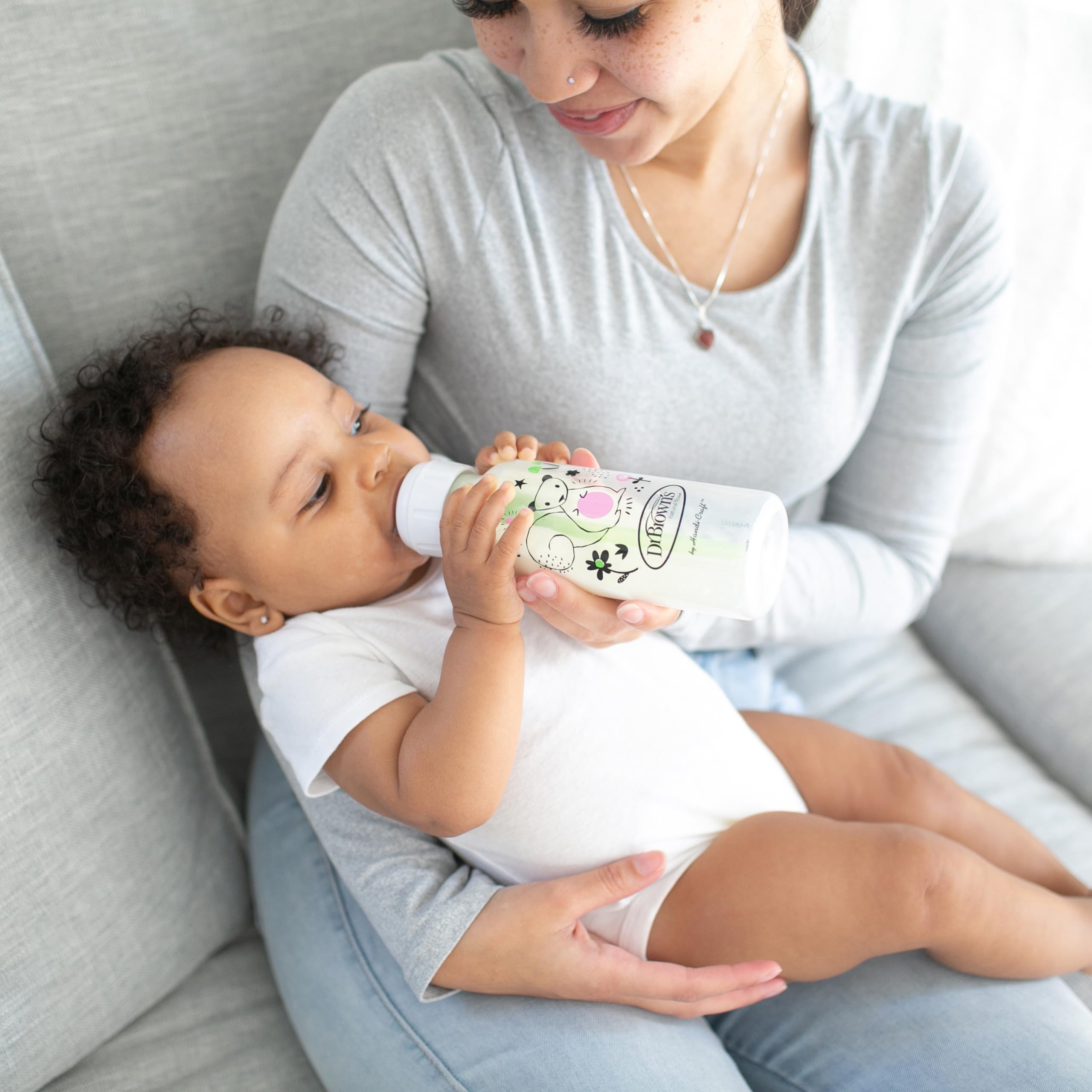 Dr. Brown's Natural Flow Anti-Colic Options+ Narrow Baby Bottle, Squirrel & Goat, 8 oz/250 mL, with Level 1 Slow Flow Nipple, BPA Free, 0m+, 2-Pack