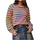 OYOANGLE Women's Rainbow Sweater Striped Raglan Long Sleeve Crewneck Pullover Sweaters Fall Tops