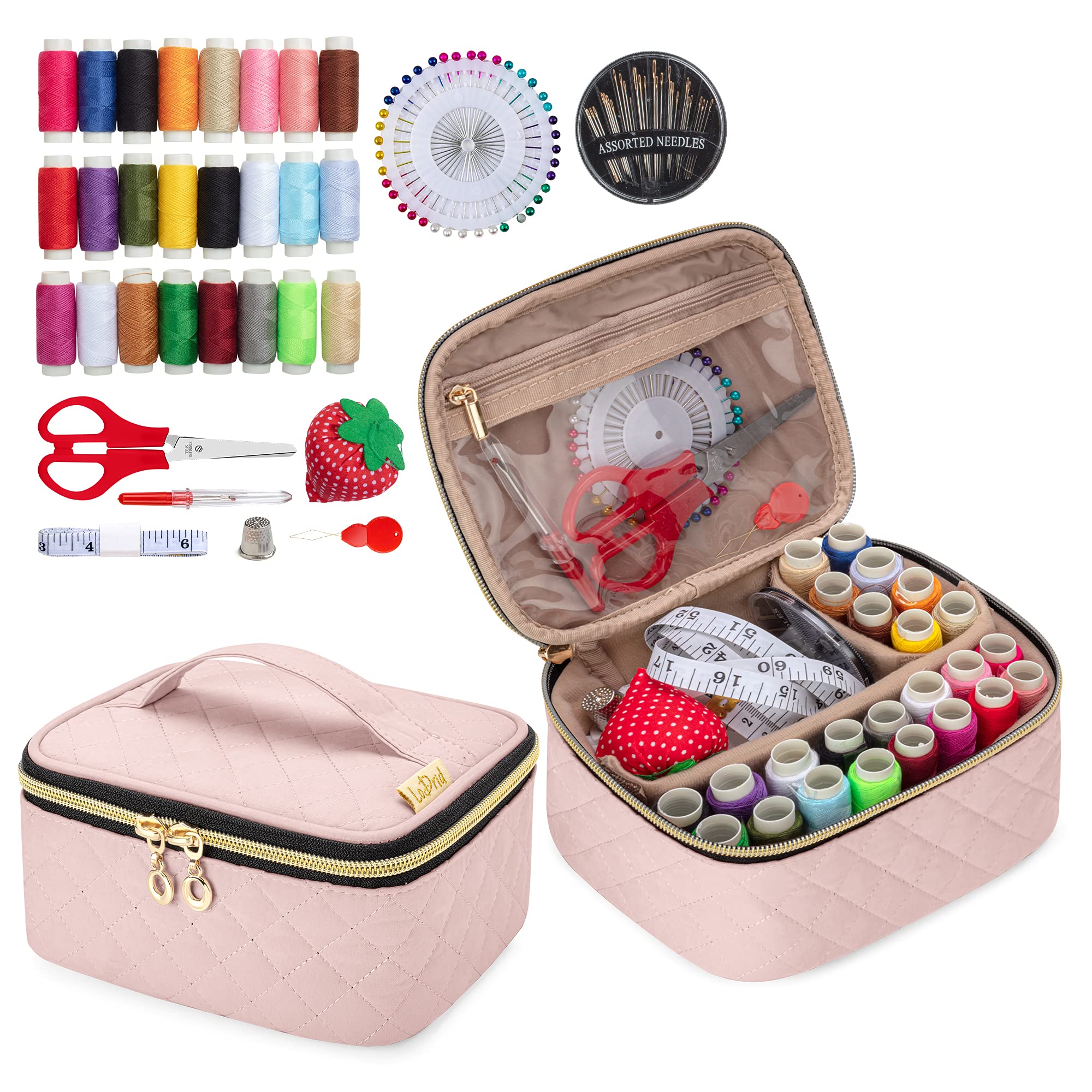 LoDrid Sewing Kit, Portable Flannel Bag with Sewing Supplies for Travel Home, Sewing Repair Kit Tool for Adults, 24 Colors Thread, 30 Needles & Sewing Accessories, Dusty Rose (Patented Design)