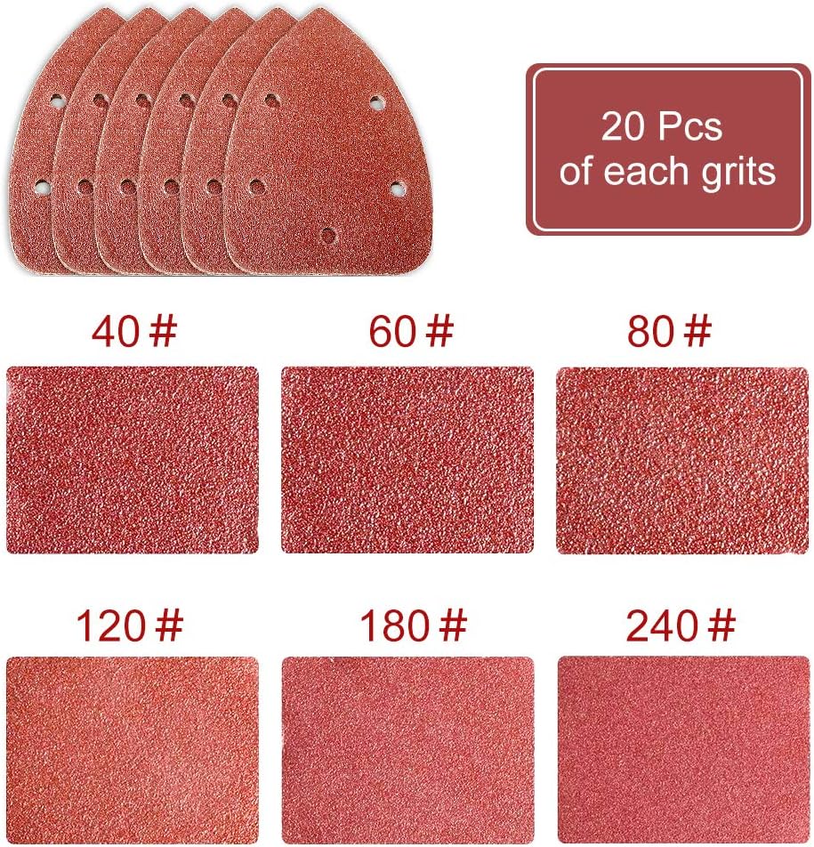 Triangle Sandpaper, Mouse Detail Sanding Discs Hook And Loop, 120pcs 5 Hole Back Velvet Sandpaper Disc Sand For Random Orbital Sander 40, 60, 80, 120, 180, 240 Grits (5.5 3.7 Inch) - - 